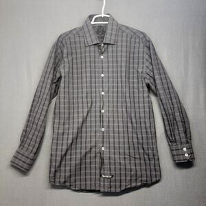 English Laundry Shirt Men 16 32-33 Grey Windowpane Plaid Long Sleeve Button Up